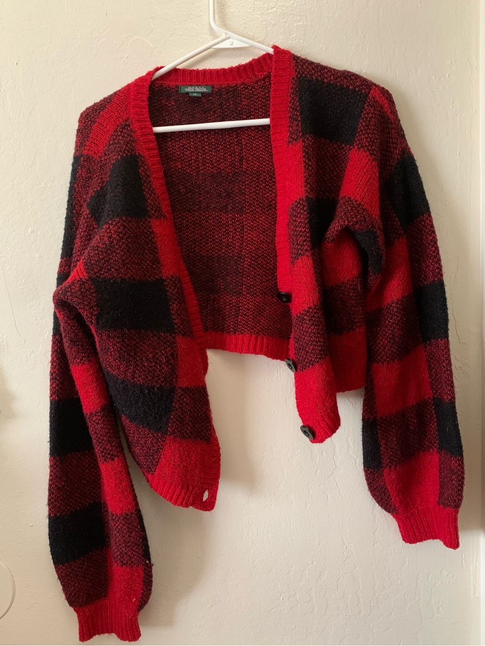 Black and Red Plaid Cropped Cardigan Fall Alternative Grunge Knitted -Wild Fable
